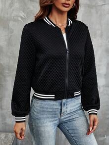 SHEIN Striped Trim Zip Up Bomber Jacket Fall Winter Cloth For Women - Black - View 4