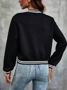 SHEIN Striped Trim Zip Up Bomber Jacket Fall Winter Cloth For Women - Black - View 2