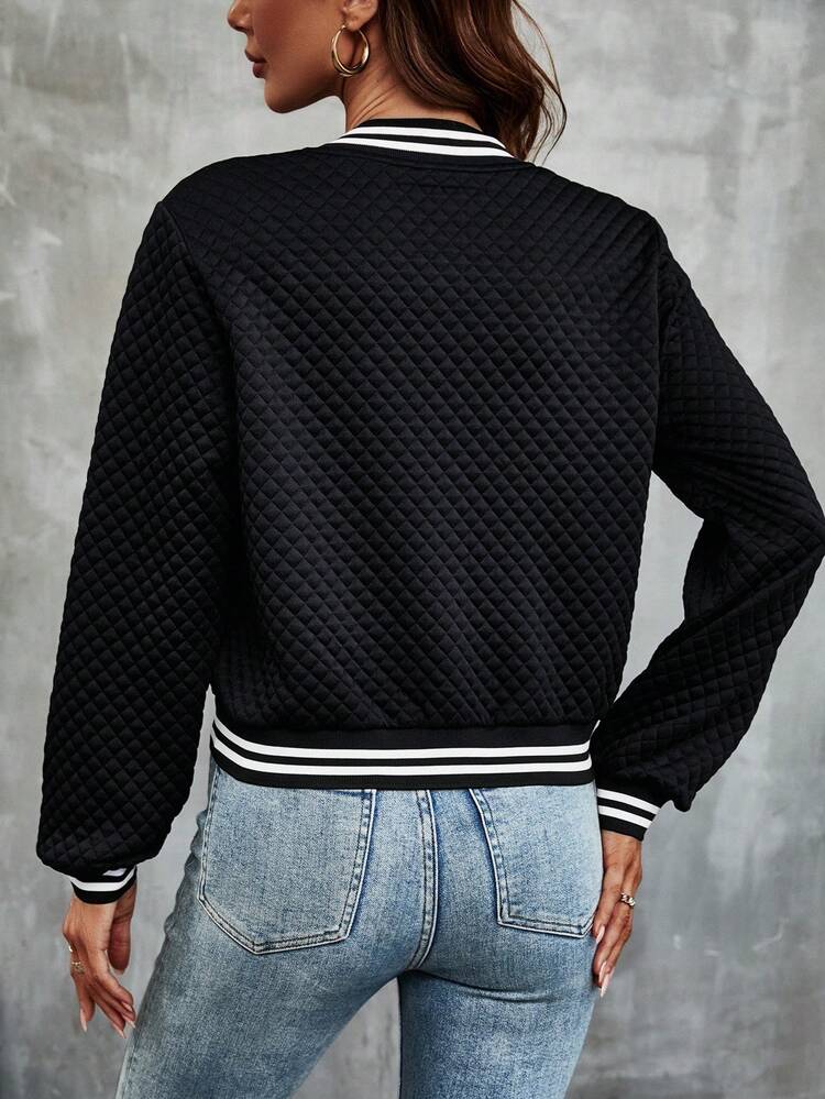 SHEIN Striped Trim Zip Up Bomber Jacket Fall Winter Cloth For Women - Black - View 2