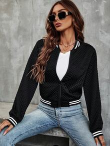 SHEIN Striped Trim Zip Up Bomber Jacket Fall Winter Cloth For Women - Black - View 6