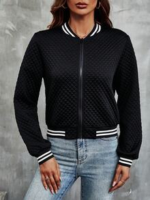 SHEIN Striped Trim Zip Up Bomber Jacket Fall Winter Cloth For Women - Black - View 5