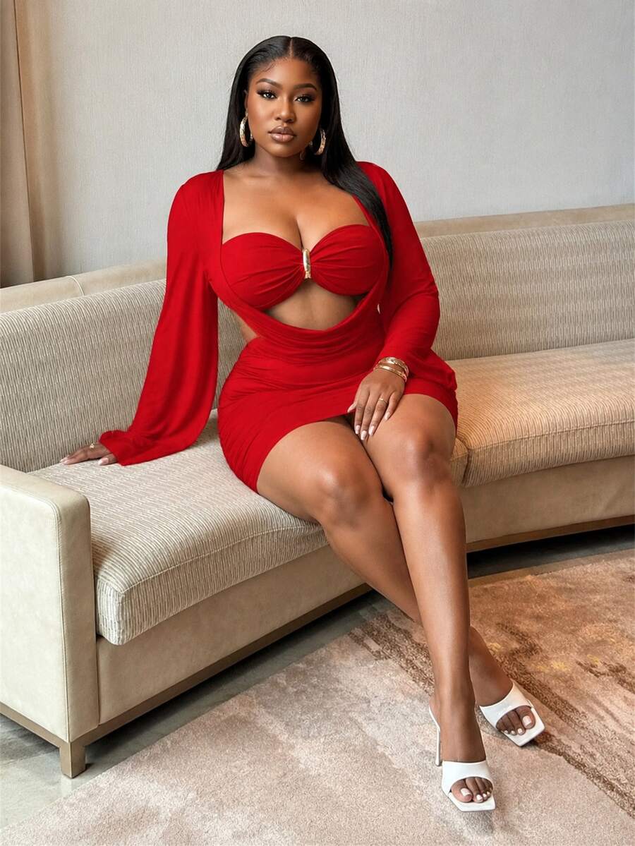 CurvyTilda 大码女士紧身连衣裙,性感透视网纱喇叭袖金属扣红色派对连衣裙,优雅假日装扮 - 紅色 - 查看 1