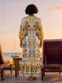 CurvyTilda Plus Size Floral Print Deep V-Neck Lantern Sleeve Dress Fall - Yellow - View 2