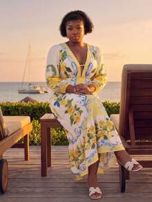 CurvyTilda Plus Size Floral Print Deep V-Neck Lantern Sleeve Dress Fall - Yellow - View 1