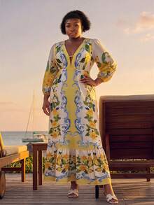 CurvyTilda Plus Size Floral Print Deep V-Neck Lantern Sleeve Dress Fall - Yellow - View 3