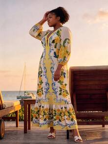 CurvyTilda Plus Size Floral Print Deep V-Neck Lantern Sleeve Dress Fall - Yellow - View 4