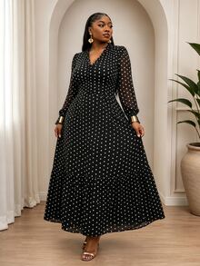 CurvyTilda 大码女式优雅V领波尔卡圆点长袖连衣裙 - 黑色 - 查看 1