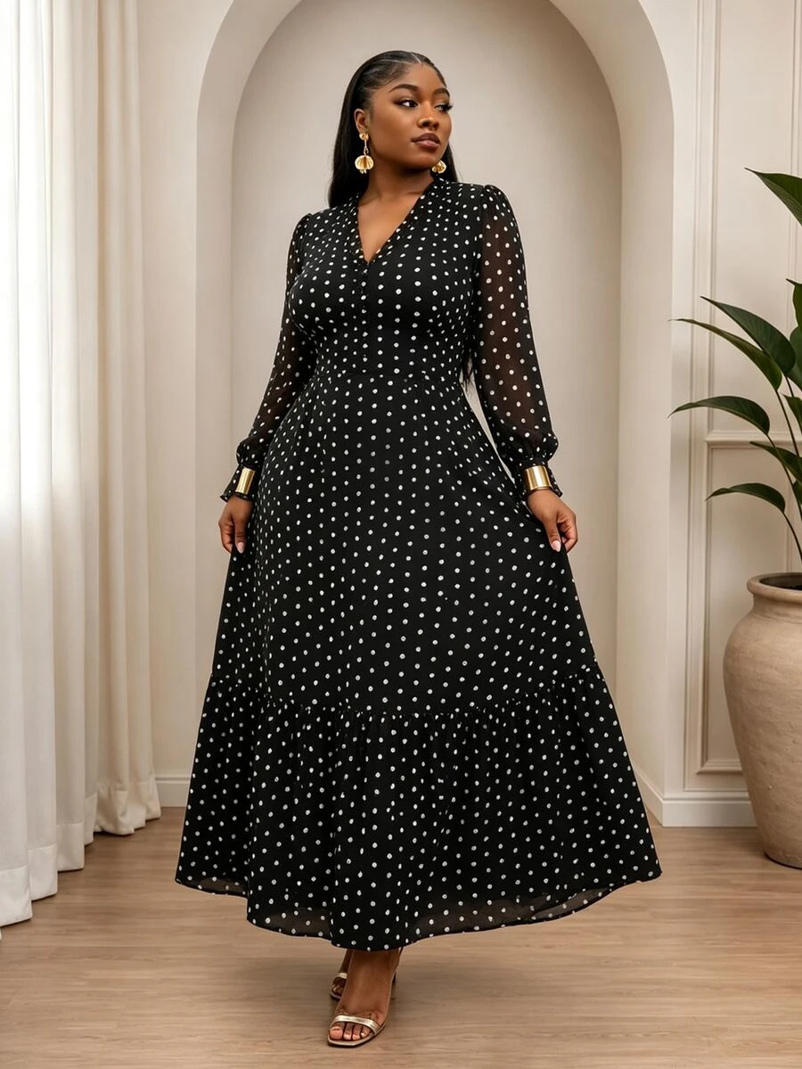 CurvyTilda 大码女式优雅V领波尔卡圆点长袖连衣裙 - 黑色 - 查看 1