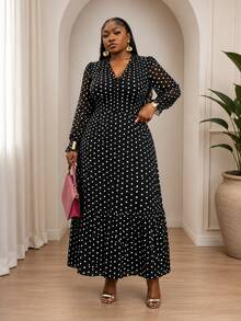 CurvyTilda 大码女式优雅V领波尔卡圆点长袖连衣裙 - 黑色 - 查看 3