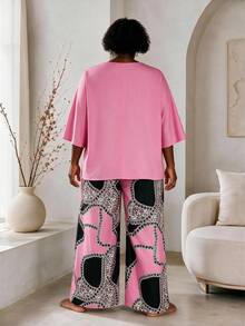 CurvyTilda 2pcs Plus Size Women Solid Color Top & Printed Pants Set Fall - Multicolor - View 2