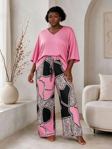 CurvyTilda 2pcs Plus Size Women Solid Color Top & Printed Pants Set Fall - Multicolor - View 3