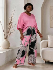 CurvyTilda 2pcs Plus Size Women Solid Color Top & Printed Pants Set Fall - Multicolor - View 4