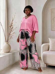 CurvyTilda 2pcs Plus Size Women Solid Color Top & Printed Pants Set Fall - Multicolor - View 1