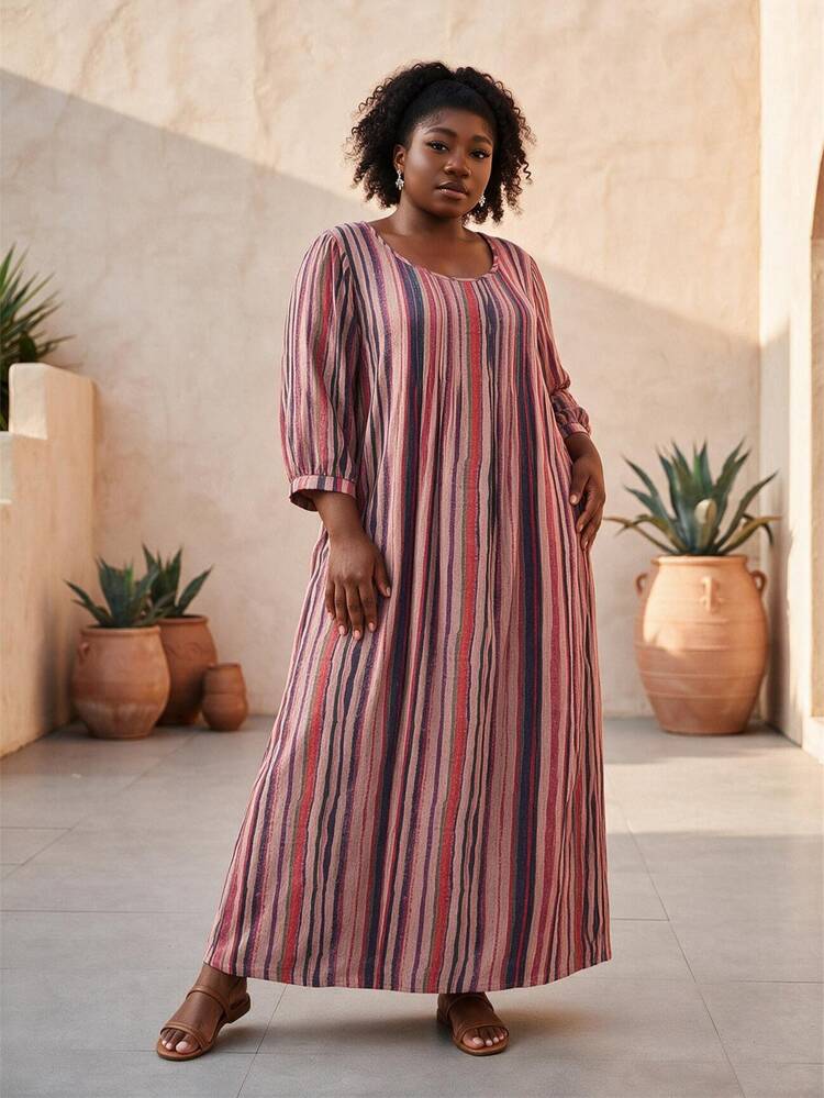 CurvyTilda Casual Striped 3/4 Sleeve Loose Regular Spring/Summer Plus Size Dress Fall - Multicolor - View 1