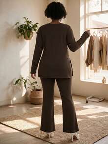 CurvyTilda 大码休闲家居服简约罗纹两件套，秋冬皆宜，适合圆润身材，尤其适合苹果型身材 - 咖啡棕 - 查看 2