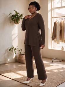 CurvyTilda 大码休闲家居服简约罗纹两件套，秋冬皆宜，适合圆润身材，尤其适合苹果型身材 - 咖啡棕 - 查看 4