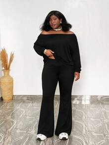CurvyTilda Plus Size Women 1-Shoulder Top And Flare Pants 2 Pieces Set Fall - Black - View 3
