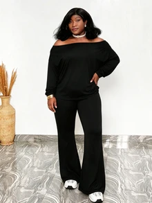 CurvyTilda Plus Size Women 1-Shoulder Top And Flare Pants 2 Pieces Set Fall - Black - View 4