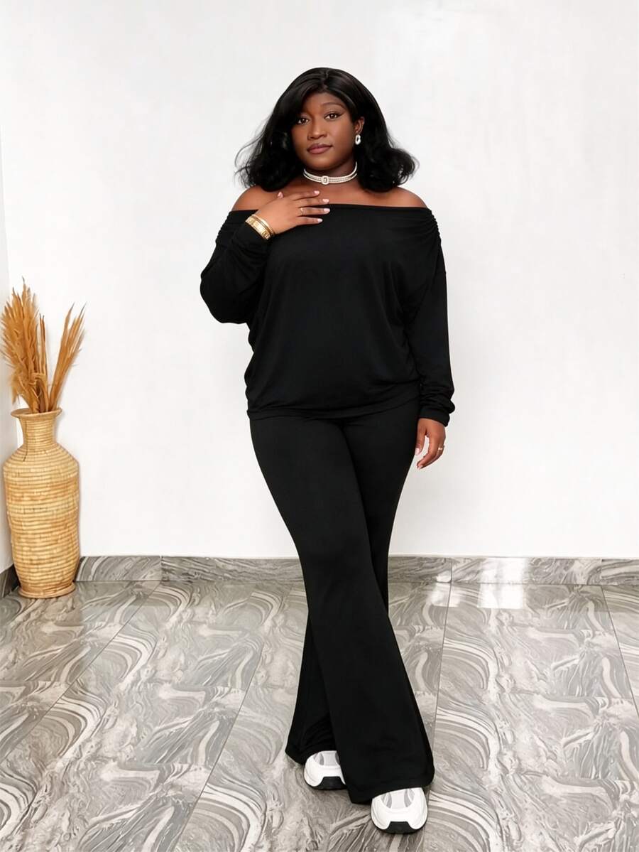 CurvyTilda Plus Size Women 1-Shoulder Top And Flare Pants 2 Pieces Set Fall - Black - View 1