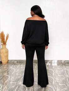 CurvyTilda Plus Size Women 1-Shoulder Top And Flare Pants 2 Pieces Set Fall - Black - View 2