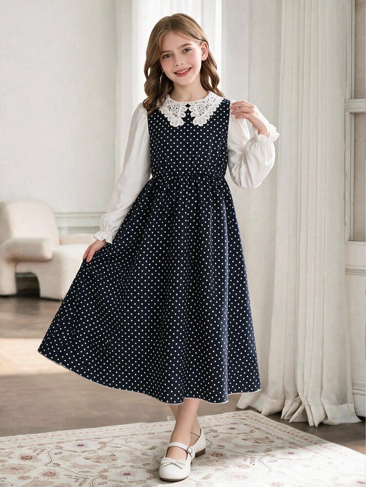 SHEIN Tween Girl Polka Dot Mini Fall Outfits Fall Dress Dresses For Girls Girls Clothes 8 To 12 Years - Black and White - View 8