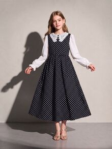 SHEIN 8-12歲女童波點迷你秋季套裝秋季洋裝女童服飾 - 黑與白 - 查看 5