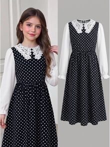 SHEIN 8-12歲女童波點迷你秋季套裝秋季洋裝女童服飾 - 黑與白 - 查看 4