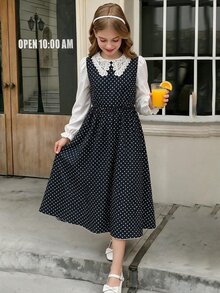SHEIN 8-12歲女童波點迷你秋季套裝秋季洋裝女童服飾 - 黑與白 - 查看 1