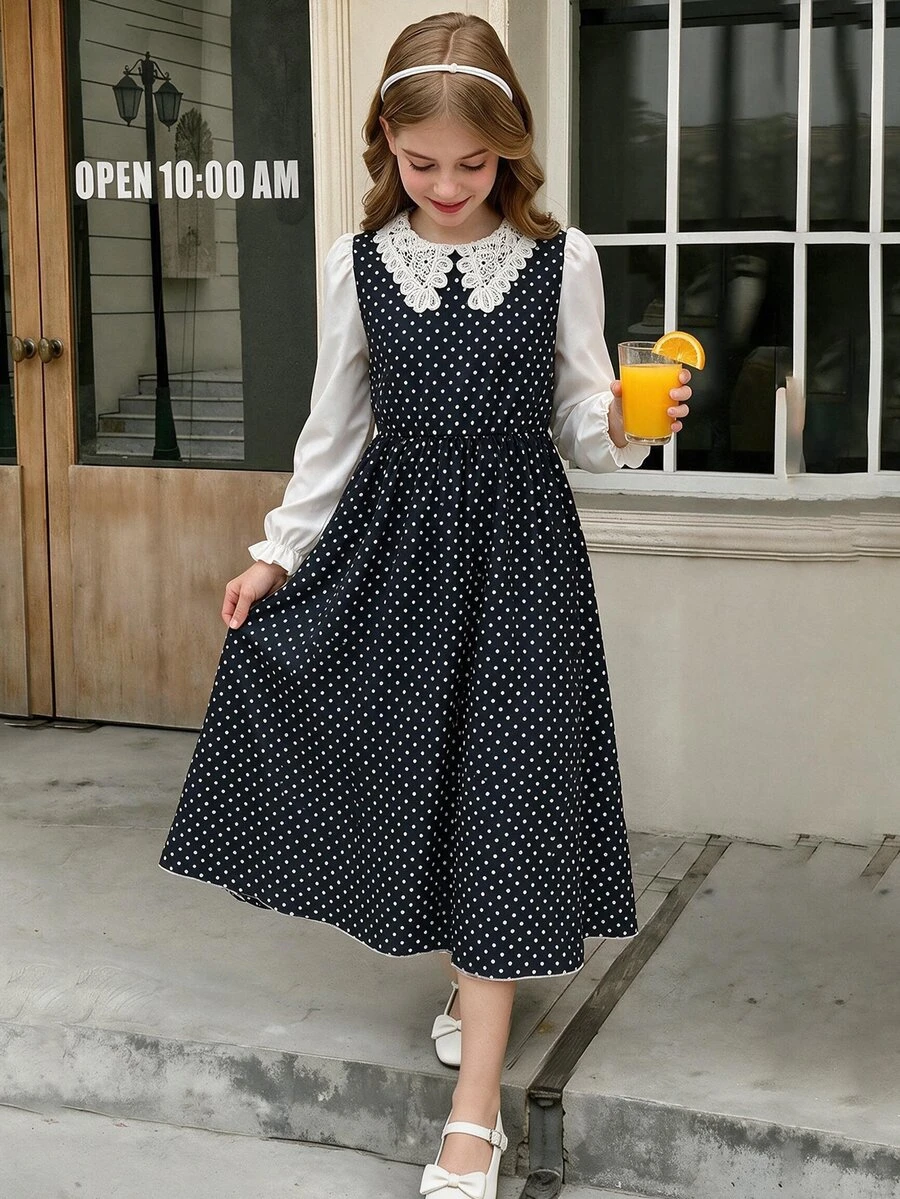 SHEIN 8-12歲女童波點迷你秋季套裝秋季洋裝女童服飾 - 黑與白 - 查看 1