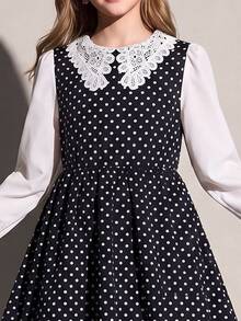 SHEIN 8-12歲女童波點迷你秋季套裝秋季洋裝女童服飾 - 黑與白 - 查看 7