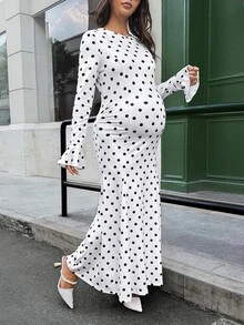 Lyckli Elegant Polka Dot Print Maternity Dress For Autumn - White - View 6