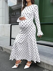 Lyckli Elegant Polka Dot Print Maternity Dress For Autumn - White - View 8