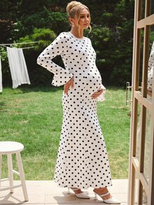 Lyckli Elegant Polka Dot Print Maternity Dress For Autumn - White - View 10