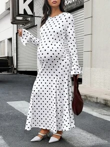 Lyckli Elegant Polka Dot Print Maternity Dress For Autumn - White - View 3