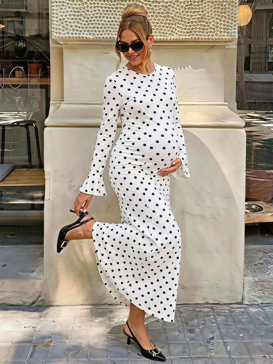 Lyckli Elegant Polka Dot Print Maternity Dress For Autumn - White - View 1