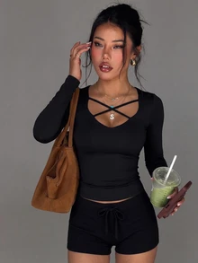 Gameset SHEIN Sport Women's Solid Color High Elastic Comfortable Criss-Cross Neckline Slim Fit Sports Top - Black - View 7