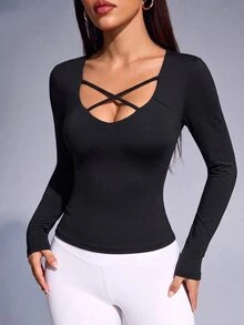 Gameset SHEIN Sport Women's Solid Color High Elastic Comfortable Criss-Cross Neckline Slim Fit Sports Top - Black - View 6