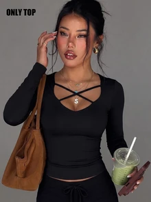 Gameset SHEIN Sport Women's Solid Color High Elastic Comfortable Criss-Cross Neckline Slim Fit Sports Top - Black - View 3