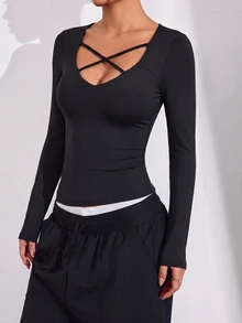 Gameset SHEIN Sport Women's Solid Color High Elastic Comfortable Criss-Cross Neckline Slim Fit Sports Top - Black - View 5