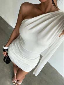 Glamine Gaun Mini Bodycon Putih dengan Tali Bahu Berlipat dan Detail Jala, Cocok untuk Pesta Ulang Tahun, Malam Hari, Liburan Pantai, atau Festival Musim Panas, Seksi dan Elegan - Putih - View 4