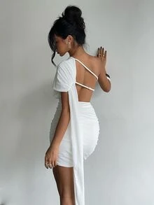 Glamine Gaun Mini Bodycon Putih dengan Tali Bahu Berlipat dan Detail Jala, Cocok untuk Pesta Ulang Tahun, Malam Hari, Liburan Pantai, atau Festival Musim Panas, Seksi dan Elegan - Putih - View 2