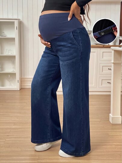 SHEIN Maternity Adjustable Waistband Pocket Wide Leg Casual Denim Jeans Autumn Outfits For Women Cowgirl Outfits For Women