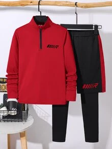SHEIN 兒童青少年男孩休閒運動立領半拉鍊紅色長袖上衣＋黑色長褲 2合1防走光運動套裝，舒適休閒服，適合通勤、上學、日常外出與運動，四季皆宜 - 紅色 - 查看 4