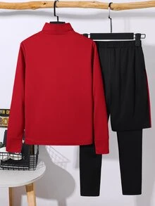 SHEIN 兒童青少年男孩休閒運動立領半拉鍊紅色長袖上衣＋黑色長褲 2合1防走光運動套裝，舒適休閒服，適合通勤、上學、日常外出與運動，四季皆宜 - 紅色 - 查看 6