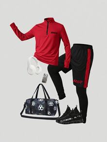 SHEIN 兒童青少年男孩休閒運動立領半拉鍊紅色長袖上衣＋黑色長褲 2合1防走光運動套裝，舒適休閒服，適合通勤、上學、日常外出與運動，四季皆宜 - 紅色 - 查看 1