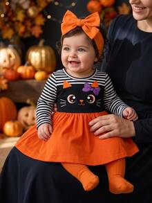 SHEIN Baby Girl Patchwork Striped Cartoon Print Round Neck Long Sleeve Casual Dress,Halloween - Multicolor - View 4