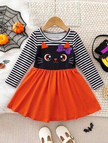 SHEIN Baby Girl Patchwork Striped Cartoon Print Round Neck Long Sleeve Casual Dress,Halloween - Multicolor - View 5