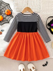 SHEIN Baby Girl Patchwork Striped Cartoon Print Round Neck Long Sleeve Casual Dress,Halloween - Multicolor - View 2