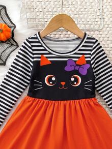 SHEIN Baby Girl Patchwork Striped Cartoon Print Round Neck Long Sleeve Casual Dress,Halloween - Multicolor - View 3