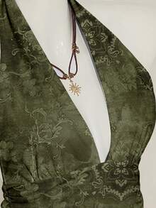SHEIN ICON 女式花卉印花露背深 V 领收腰 A 字形露背吊带背心 - 軍綠色 - 查看 4
